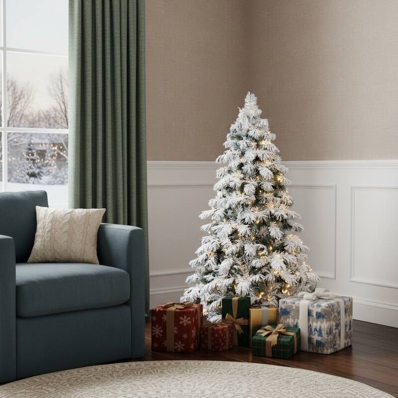 HomeRoots 5' Green And White Pre Lit Full Flocked Pine Christmas Tree - 36.00 in. x 60.00 in. x 36.00 in. - Green/White - 5 Foot
