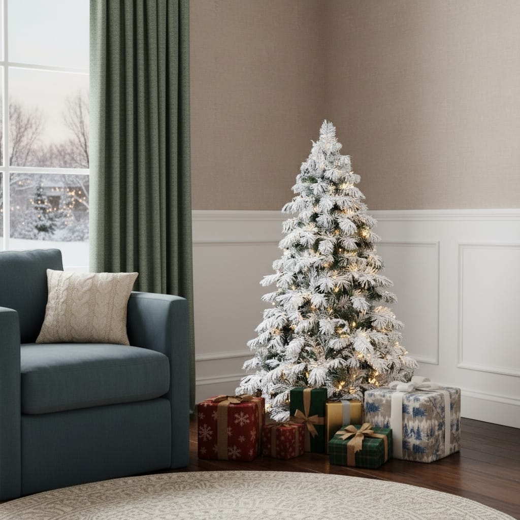 HomeRoots 5' Green And White Pre Lit Full Flocked Pine Christmas Tree - 36.00 in. x 60.00 in. x 36.00 in.