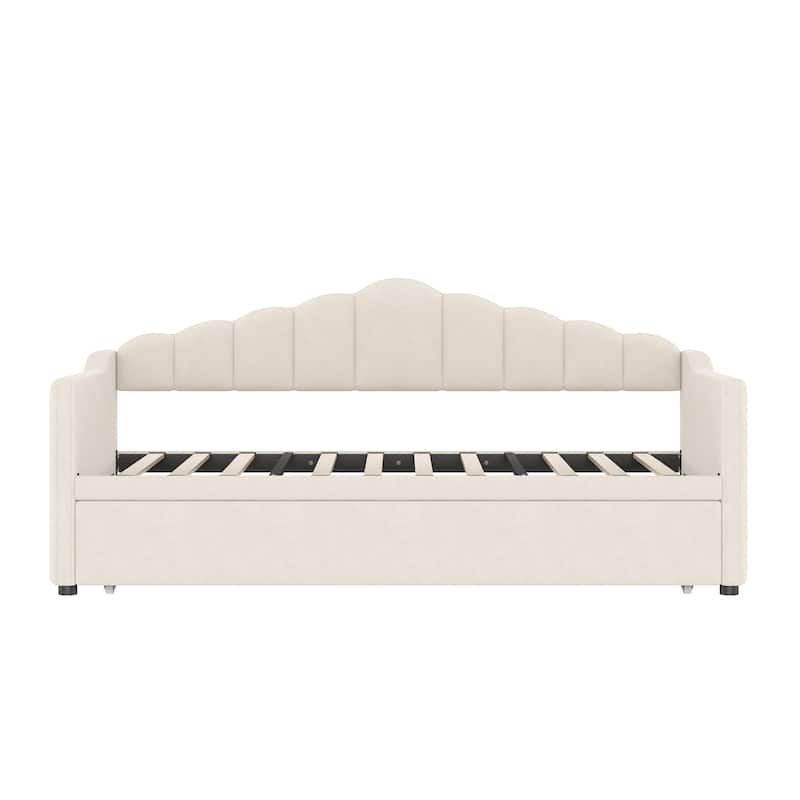 Upholstered Twin Size Daybed with Adjustable Height Pop Up Trundle Twin Bed and USB & Type-C Charging Port, Day Bed Frame