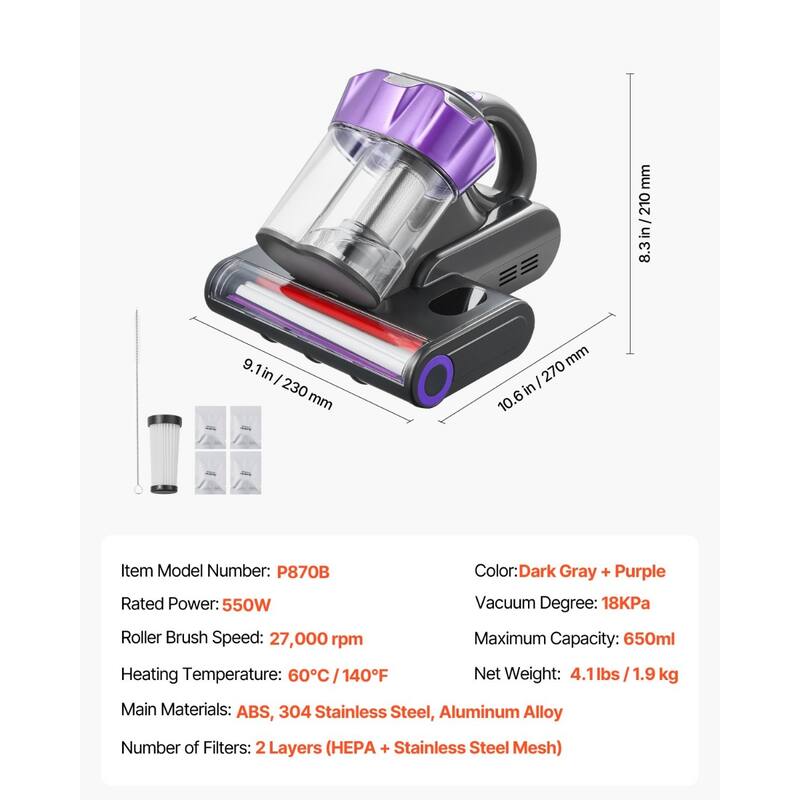 Mattress Vacuum Cleaner with 550W Motor, 18KPa Suction - 10.6 x 9.1 x 8.3 in