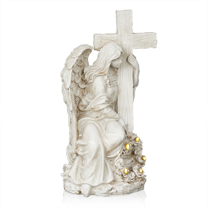 Solar Angel Holding Cross Statue with LED Lights