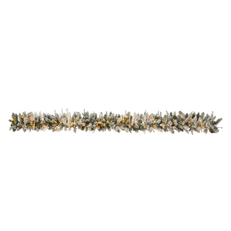 Xmas Snow Garland and Snow Xmas Tree, 3 Pac Snowy Flocked Christmas Decor with LED Lights,9ft Flocked Garland,6ft Flocked Tree
