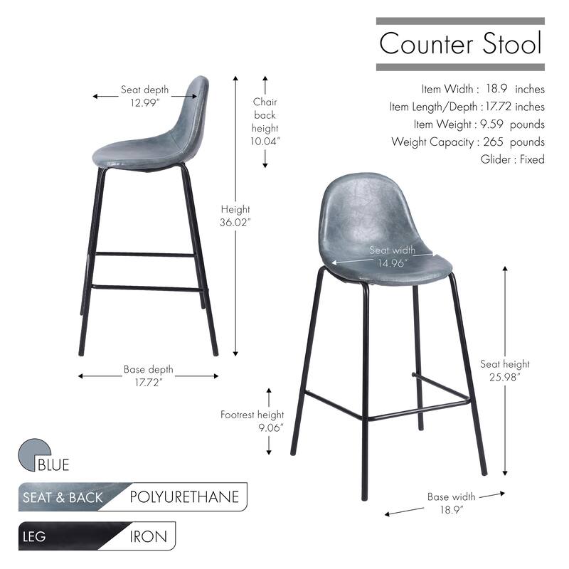 Porthos Home Theo Counter Stools Set Of 2, PU Leather Upholstery, Iron Legs