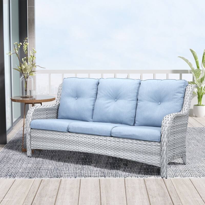 Outdoor Patio Sofa & All-Weather Rattan Sofa - Baby Blue - Light Grey