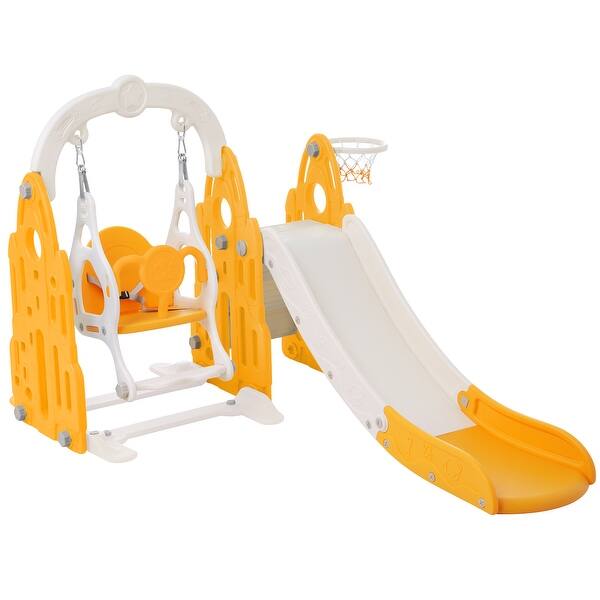slide 2 of 24, 4 In 1 Toddler Slide And Swing Set Kids Freestanding Climber Slide Playset With Basketball Hoop Rocket Themed Slide Yellow