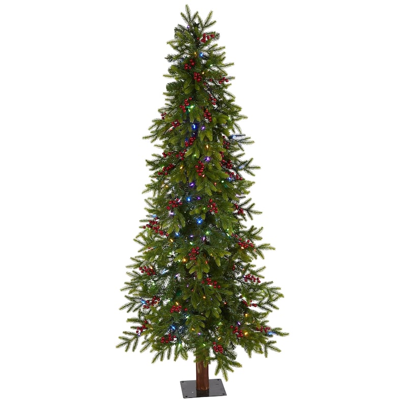 6ft. Fir Artificial Christmas Tree with 250 Multi-Color LED Lights, Berries & 415 Branches - Bright Holiday X-Mas Tree