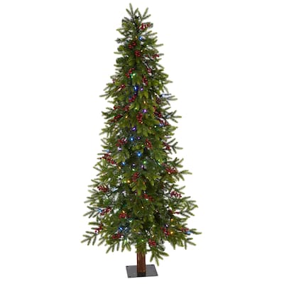 6ft. Fir Artificial Christmas Tree with 250 Multi-Color LED Lights, Berries & 415 Branches - Bright Holiday X-Mas Tree