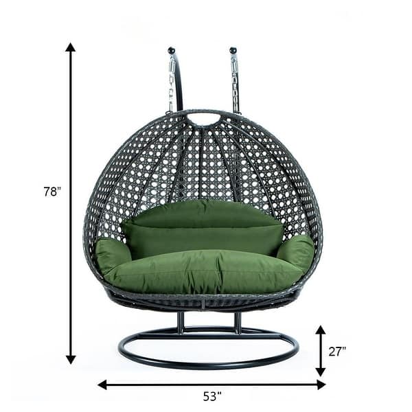 dimension image slide 14 of 16, LeisureMod 2-Person Double Egg Swing Chair - Charcoal Wicker with Metal Stand & Plush Cushions - Modern Outdoor Patio Lounger
