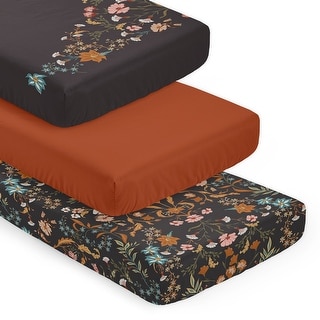 Sweet Jojo Designs Black Boho Wildflower Vintage Floral Girl 3 Pack Fitted Crib Sheets - Solid Orange & Bohemian, Farmhouse Leaf
