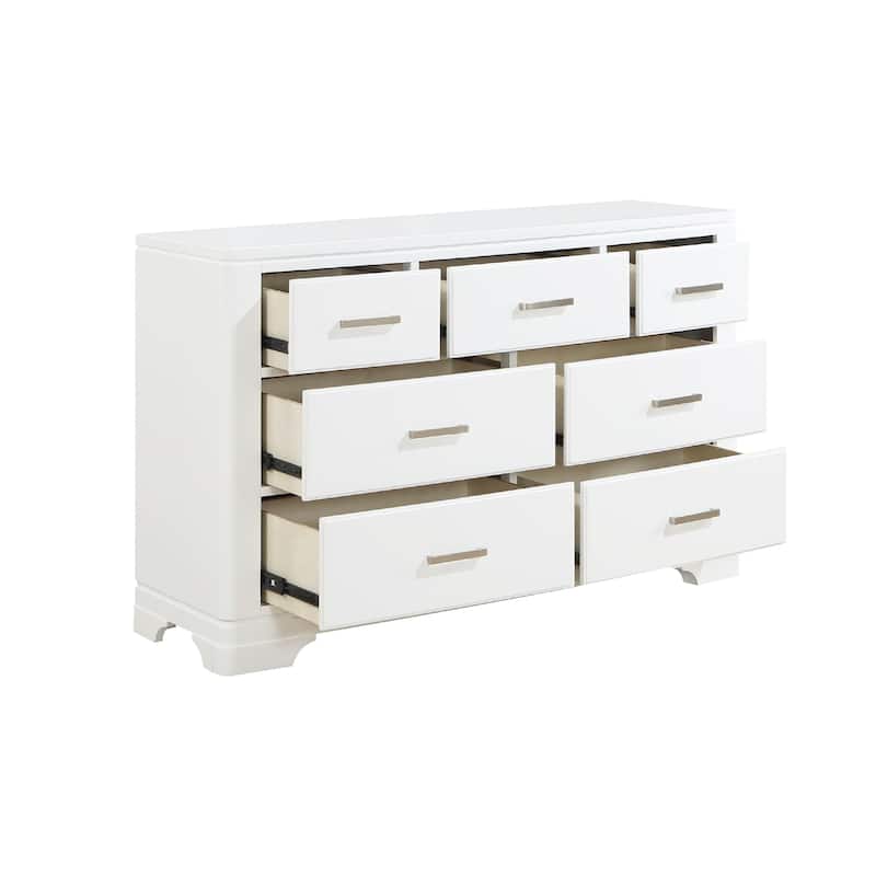 Hudy 56 Inch Dresser, 7 Drawers w Metal Handles, White Birch Veneer