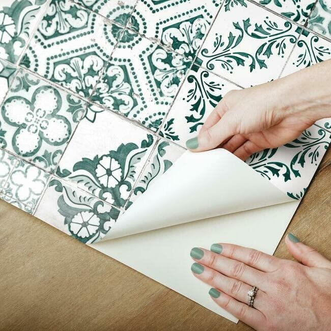 RoomMates Mediterranean Tile Peel and Stick Wallpaper Green Bed Bath