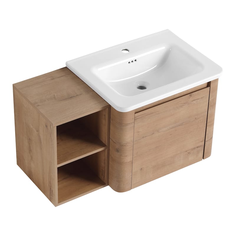 Wall-Mounted Bathroom Vanity with Ceramic Sink and Storage Shelves