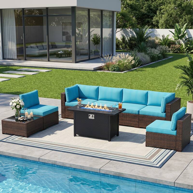 Outdoor Wicker Sectional Sofa 8-Piece Set with Fire Pit Table - Brown/Light Blue