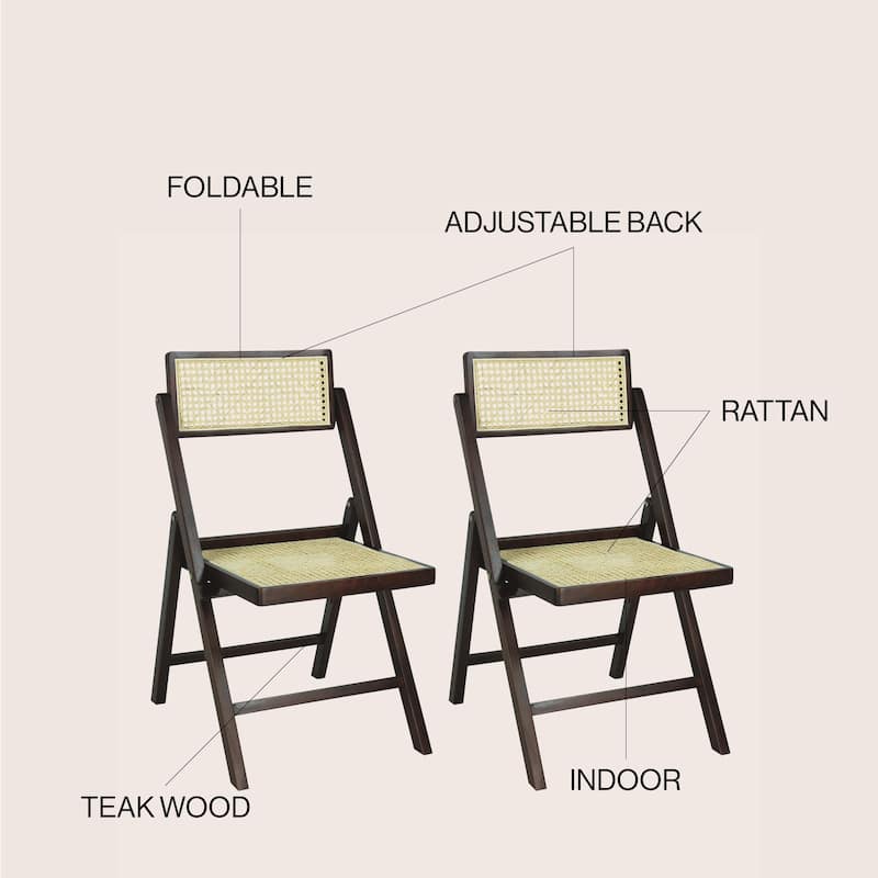 Olivier Mid-Century Vintage Wood Rattan Folding Chair with Adjustable Back, (Set of 2) by JONATHAN Y