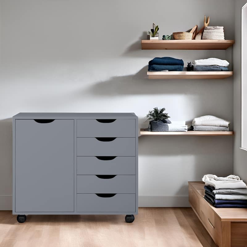 Wooden 5-Drawer Office Storage Cabinet with Extra Shelf and 360° Mobility for Effortless Organization