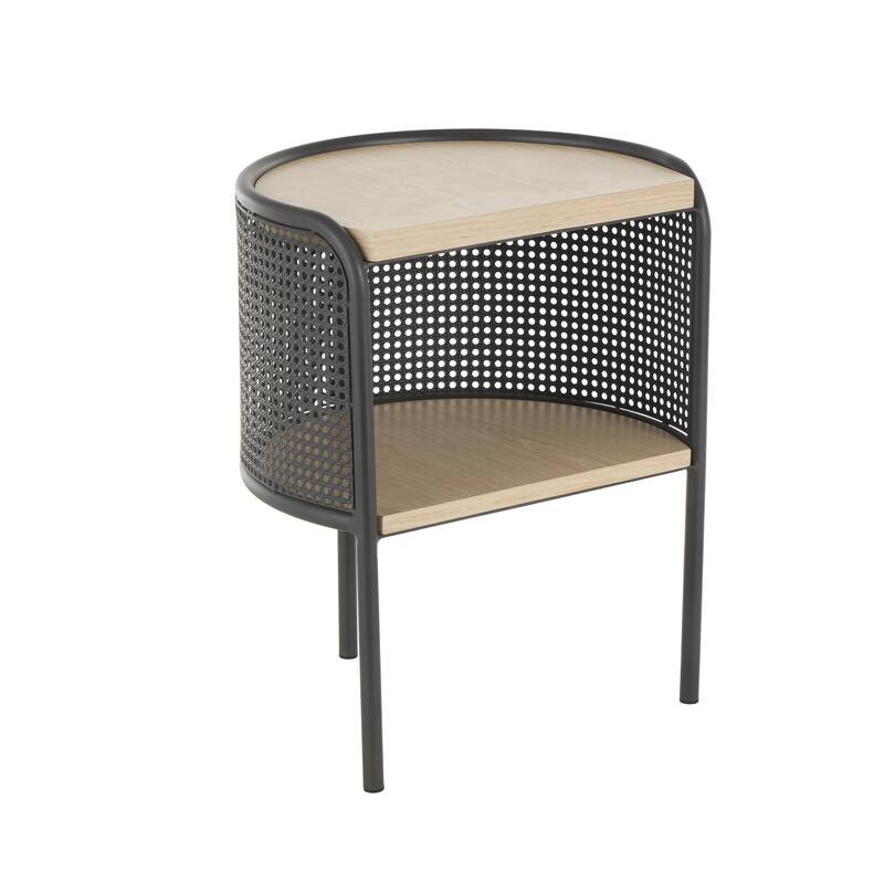 Light Brown Wooden Half-Moon Two- Toned 1 Shelf Side End Accent Table with Mesh Back Panel and Brown Wood Tabletop