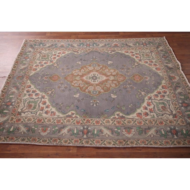 Distressed Blue Tabriz Persian Vintage Rug Hand-Knotted Wool Carpet - 4'7"x 6'1"