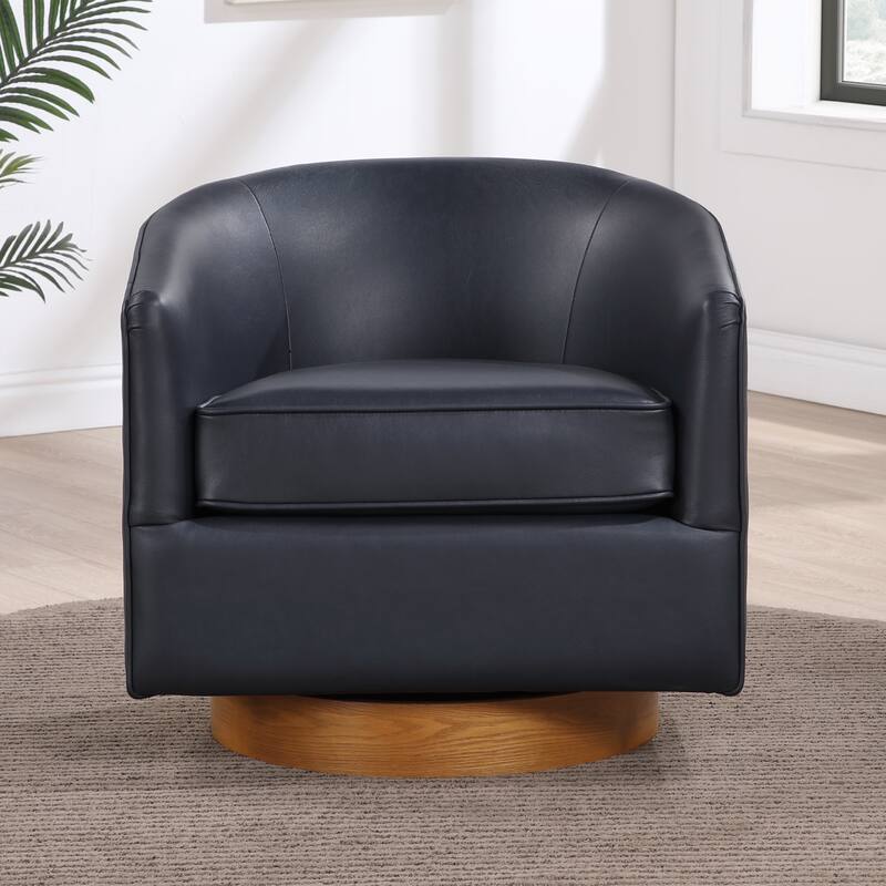Maisy Midnight Blue Faux Leather Wood Base Barrel Swivel Chair