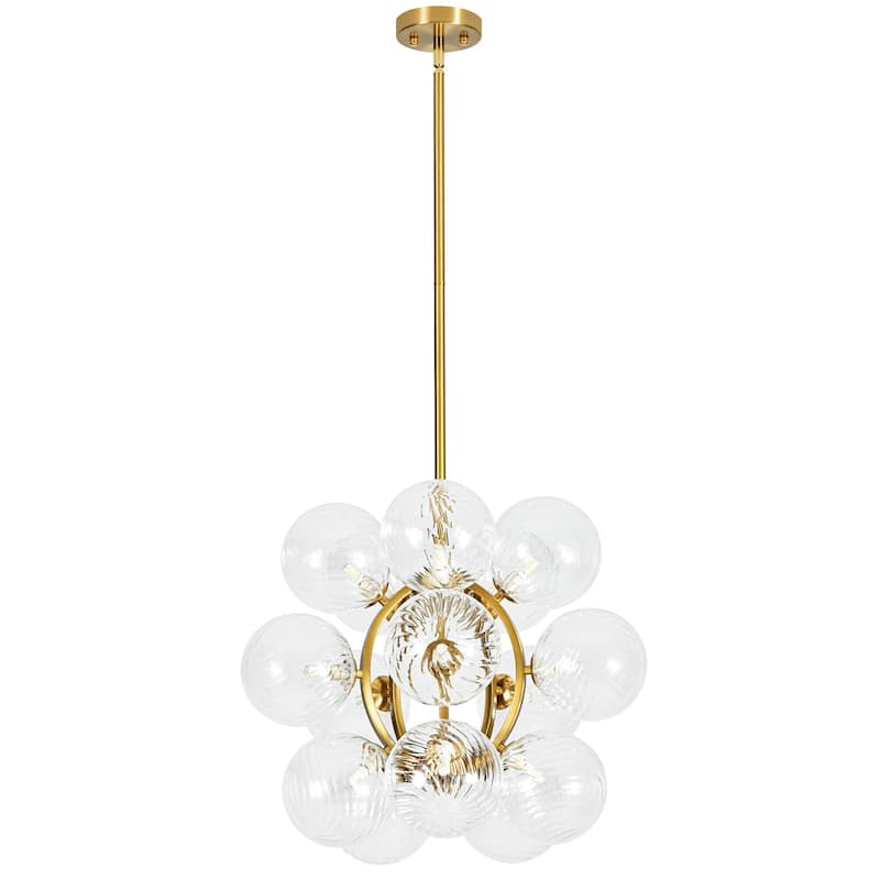 15-Light Brushed Gold Modern Luxury Twisted Glass Globe Iron Chandelier with Adjustable Rod for Living & Dining Rooms
