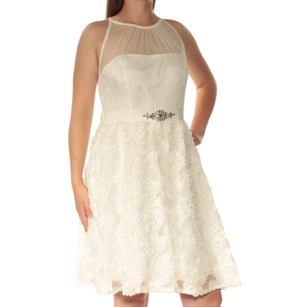 ADRIANNA PAPELL Womens White Beaded Sleeveless Illusion Neckline Above The Knee Fit + Flare Dress Size: 10