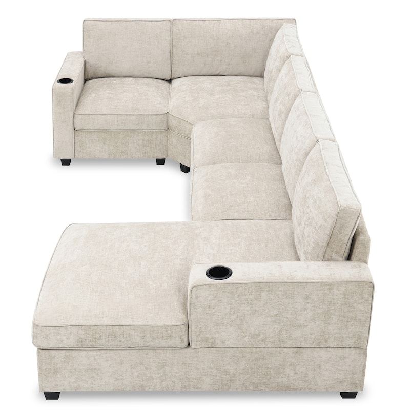 U Shaped Sectional Sofa, Chenille Corner Couch Set with Cup Holders