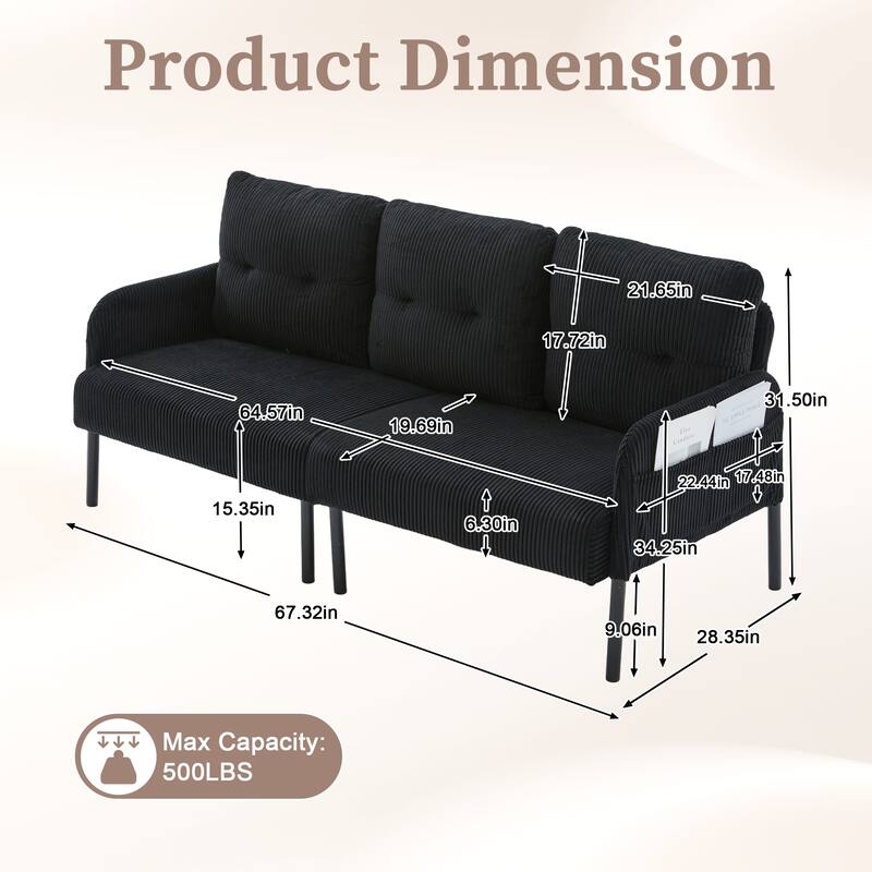 HOMEFUN Corduroy Upholstered Oversized Wood Frame Loveseat Sofa with Metal Legs and Side Pockets