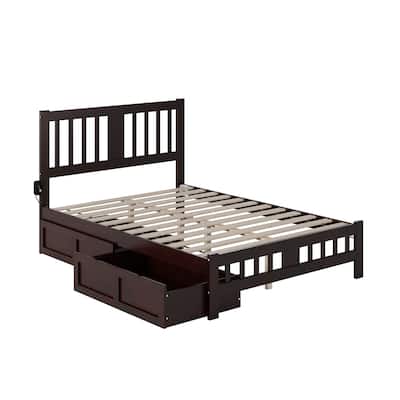 Full Bed with Footboard & Drawers - Espresso Wood Bed Frame, Charging Station, Solid Hardwood Construction