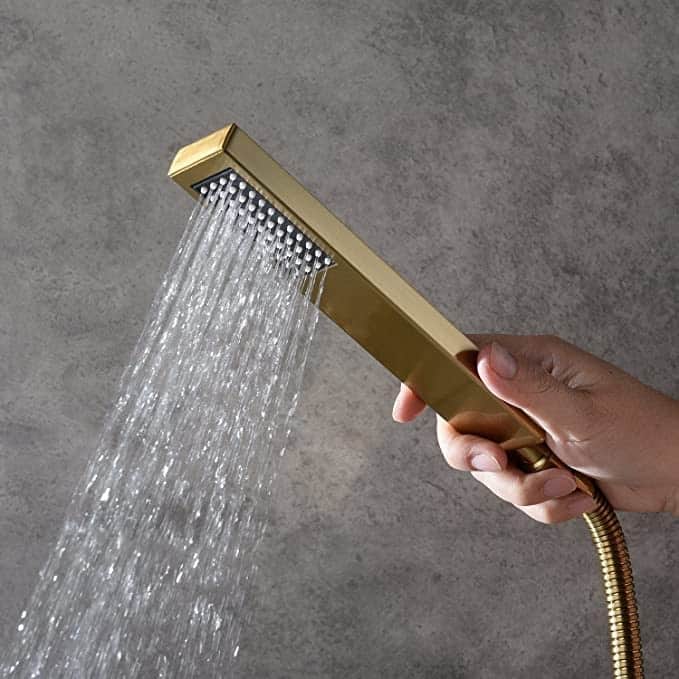 brushed gold wall mounted 12 inch rain head 3 way digital display anti scald shower system - 7'6" x 10'9"