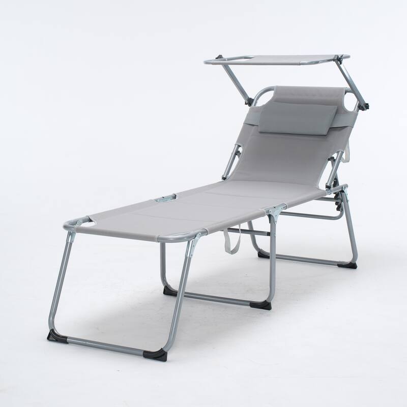 olding Lounge Chair with Canopy, Patio Sun Tanning Chair, Outdoor Reclining Chair with Position Adjustable Backrest for Beach