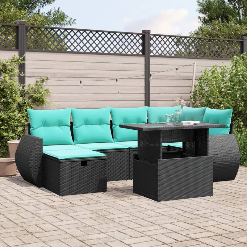 vidaXL Patio Sofa Set with Cushions Sectional Couches 7 Piece Poly Rattan - Black without storage - 24.4" x 24.4" x 27.2"