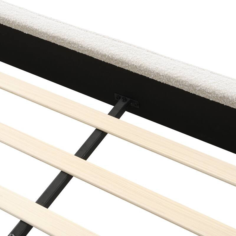 Roomfitters King Size Boucle Upholstered Platform Bed with Curved Tufted Headboard and Soft Corners, Beige