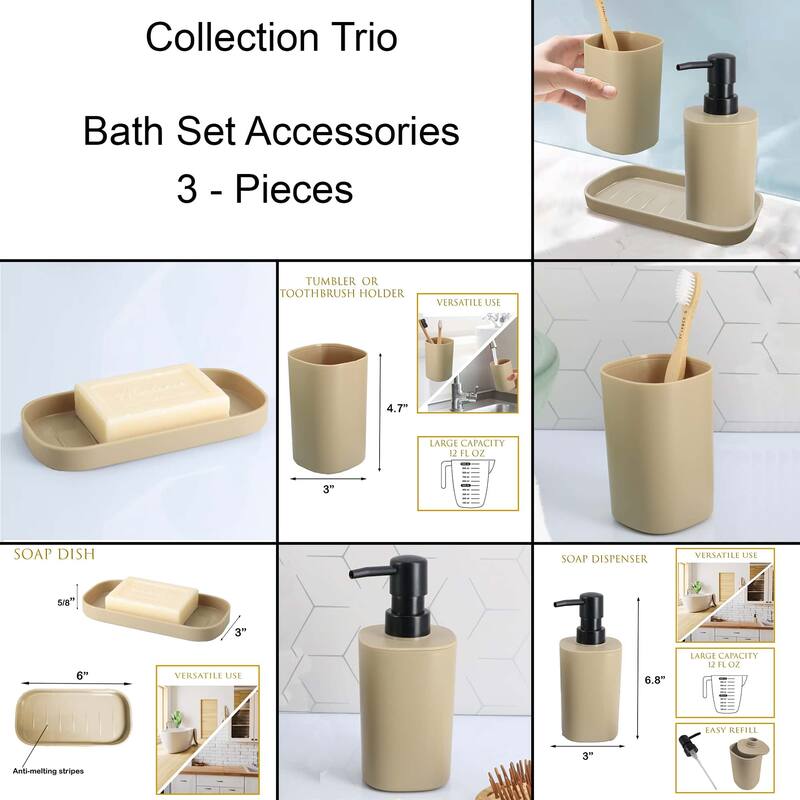 Set of 3 Bathroom Accessories- Tumbler, Soap Dispenser and Soap Dish Beige