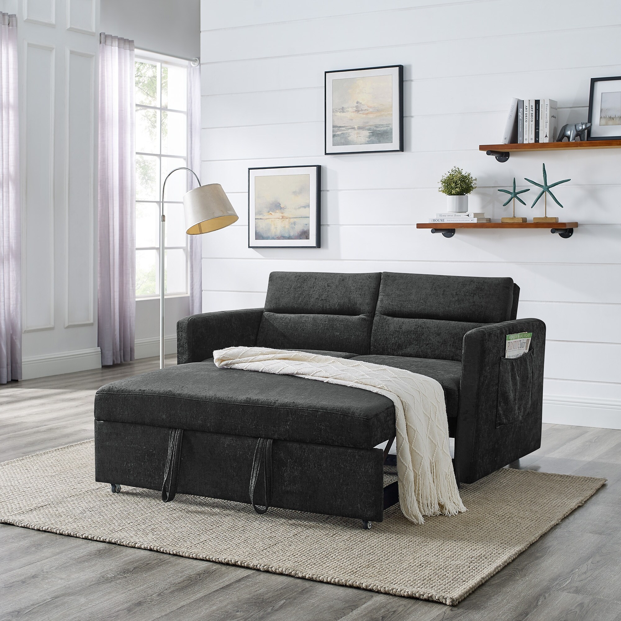 Soft High-density Foam Black Loveseats Sofa Bed with Pull-out Bed,adjsutable Back and Two Arm Pocket for Family Living Room