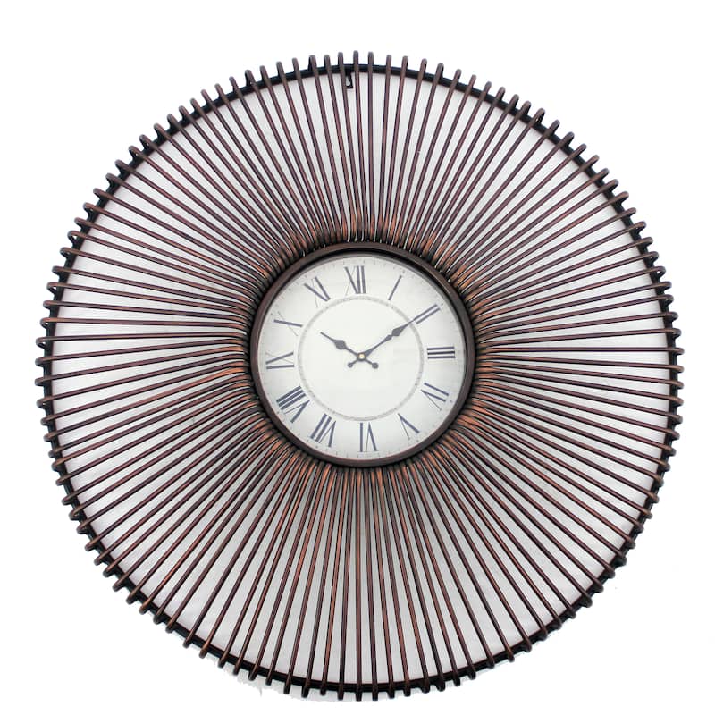 Wall Clock Set of 2 with Metal Fan Guard Design Frame, Brown