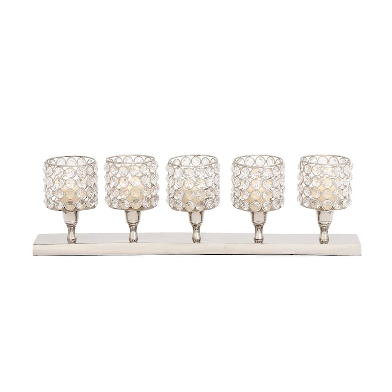 Aluminum Metal Pillar 5 Crystal Sleeve Decorative Candelabra - Silver - Roche River Decor
