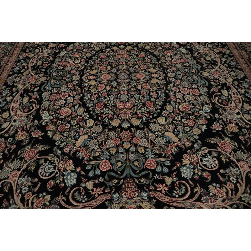 Hand Knotted Oriental 100% Wool Carpet Traditional Floral Black Aubusson Area Rug - 12' 4'' X 9' 0''