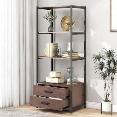Home Office 4-Tier Bookshelf,Simple Industrial Bookcase Storage,Brown