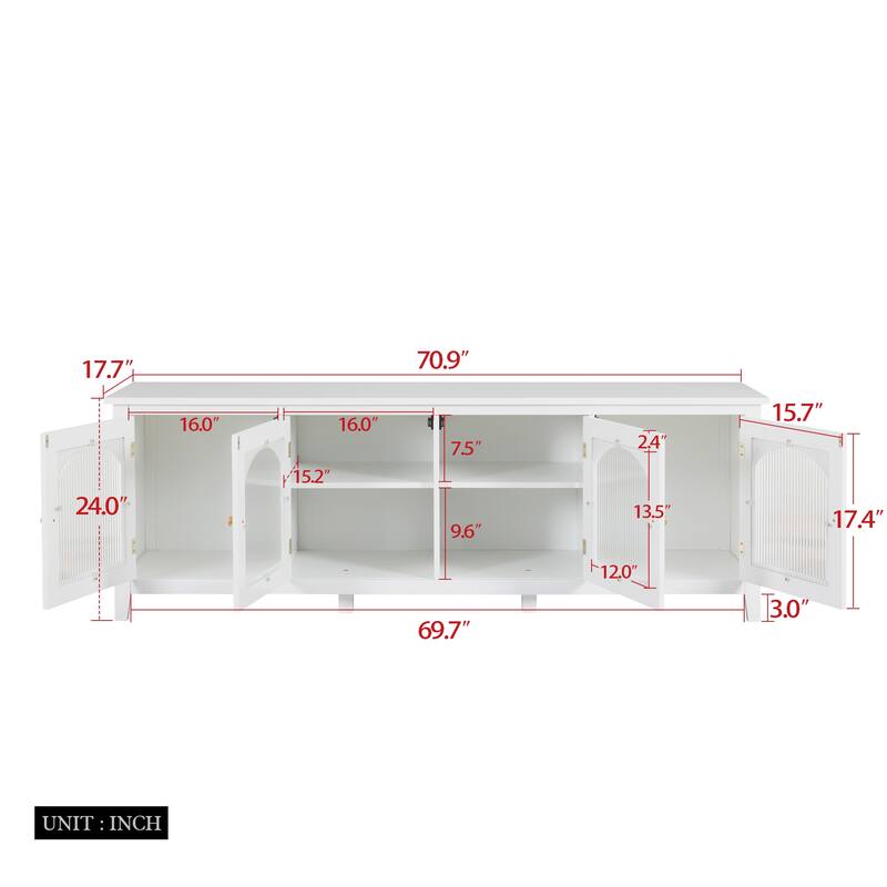 Retro Modern TV Stand with 3 Storage Cabinets and Rainbow Doors for Living Room Home Theater and Studio​