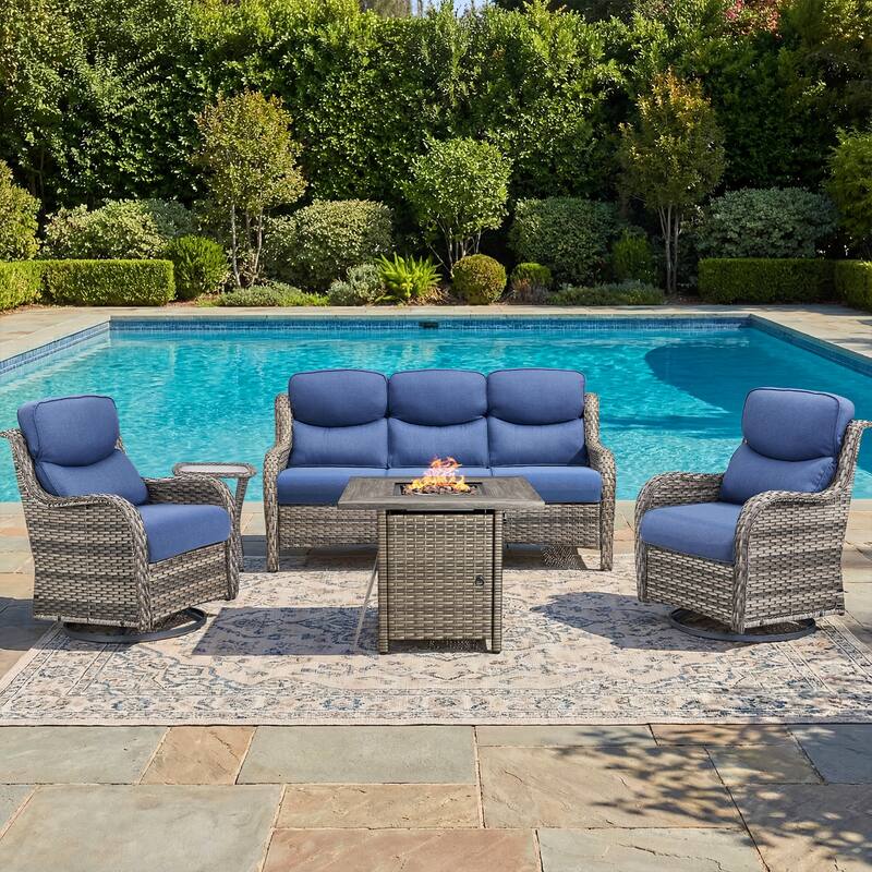 Pocassy Outdoor Propane Fire Table with Sofa Swivel Chair Table Funiture Set. - Gray Wicker Blue Cushion - 5-Piece Sofa Swivel Chair Table w/ Fie Pit Table