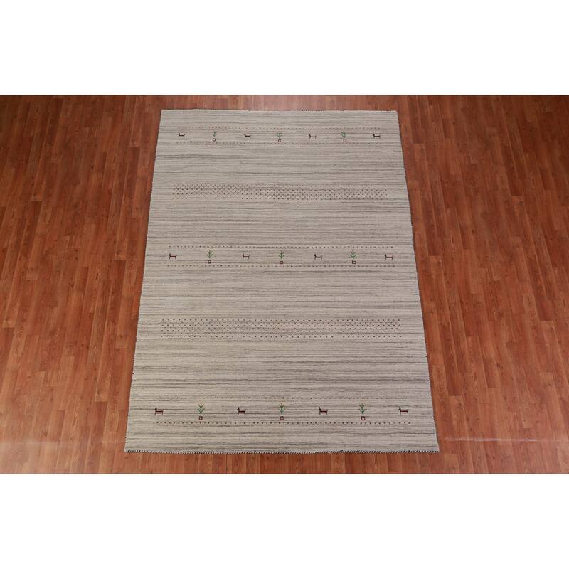Hand Knotted Oriental 100% Wool Carpet Tribal Animal Pictorial Beige & Ivories Gabbeh Area Rug - 8' 10'' X 6' 3''