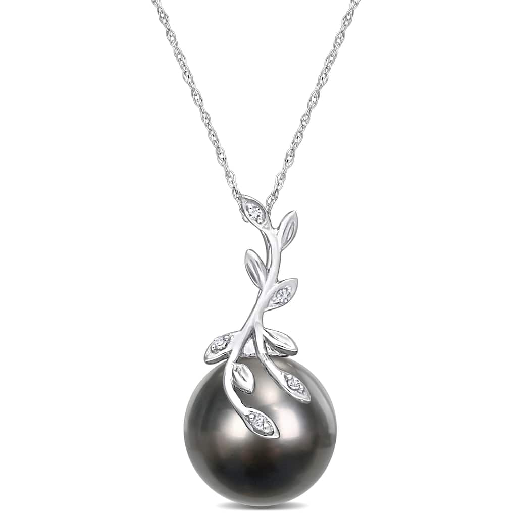 Miadora 12-12.5mm Black Tahitian Cultured Pearl and Diamond Accent Leaf Design 14k White Gold