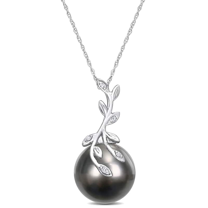 Miadora Black Tahitian Cultured Pearl & Diamond Accent Leaf Pendant in 14k White Gold (12-12.5mm)
