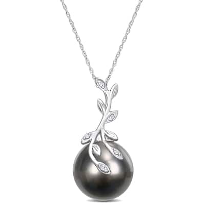 Miadora Black Tahitian Cultured Pearl & Diamond Accent Leaf Pendant in 14k White Gold (12-12.5mm)