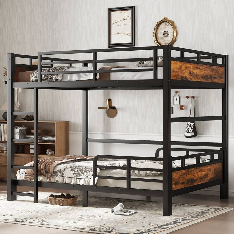 Full XL/Twin XL /Full Metal Bunk Bed, Separable Loft Bed & Platform Bed with Raised Security Fence - Full+Vintage Wood - Full
