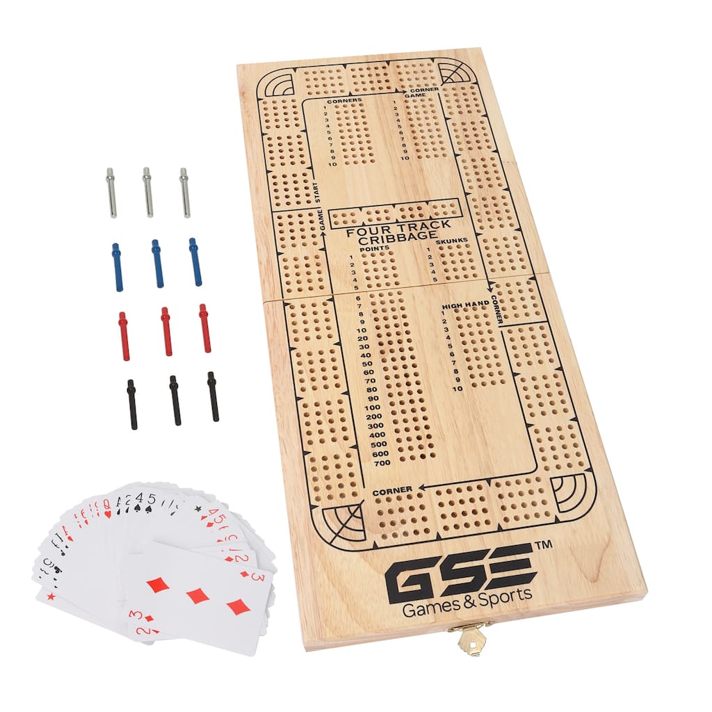 GSE™ 4-Track Wooden Folding Cribbage Board with Playing Card, 12 Metal Pegs and Storage Area