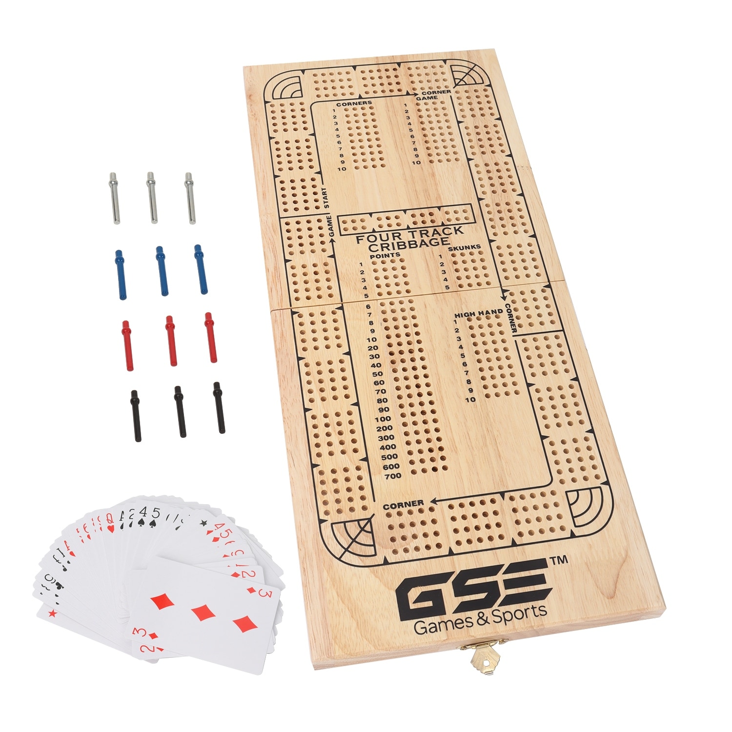 GSE™ 4-Track Wooden Folding Cribbage Board with Playing Card, 12 Metal Pegs and Storage Area