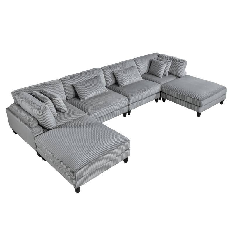 6pc Gray Corduroy Modular Sectional Set - 2 Armless Chairs, 2 Corner Seats, 2 Ottomans with Pillows