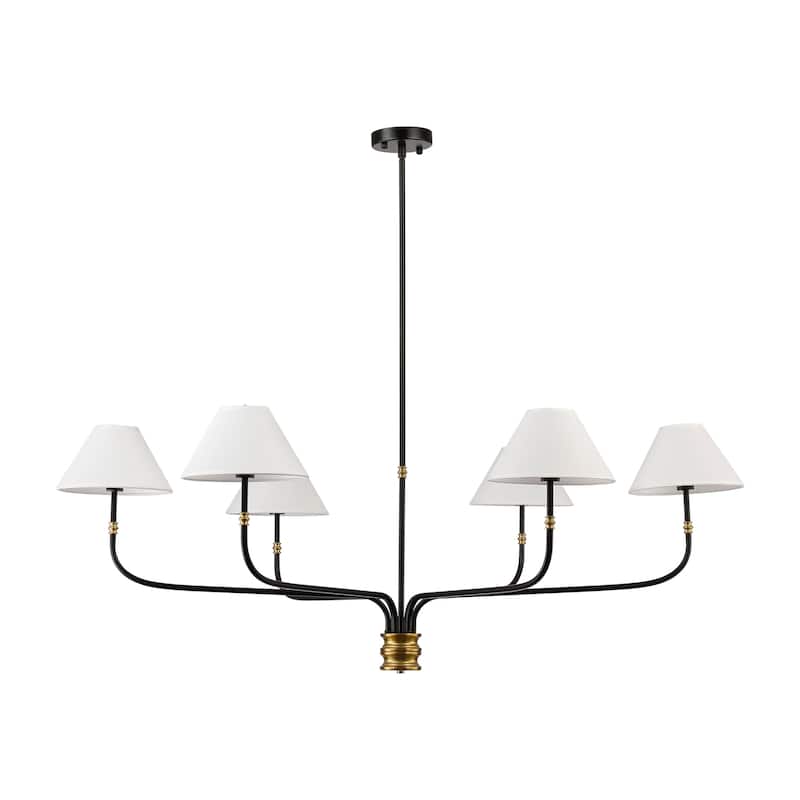 6-Light White Fabric Shade Chandelier- Black with Brushed Brass Accent