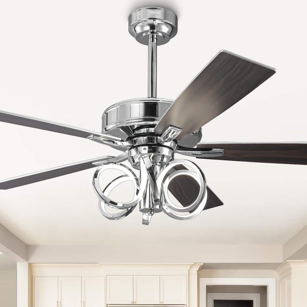 52-inch Modern Chrome Ceiling Fan with Dimmable LED Light and Reversible Motor - 52" W x 19.3" H