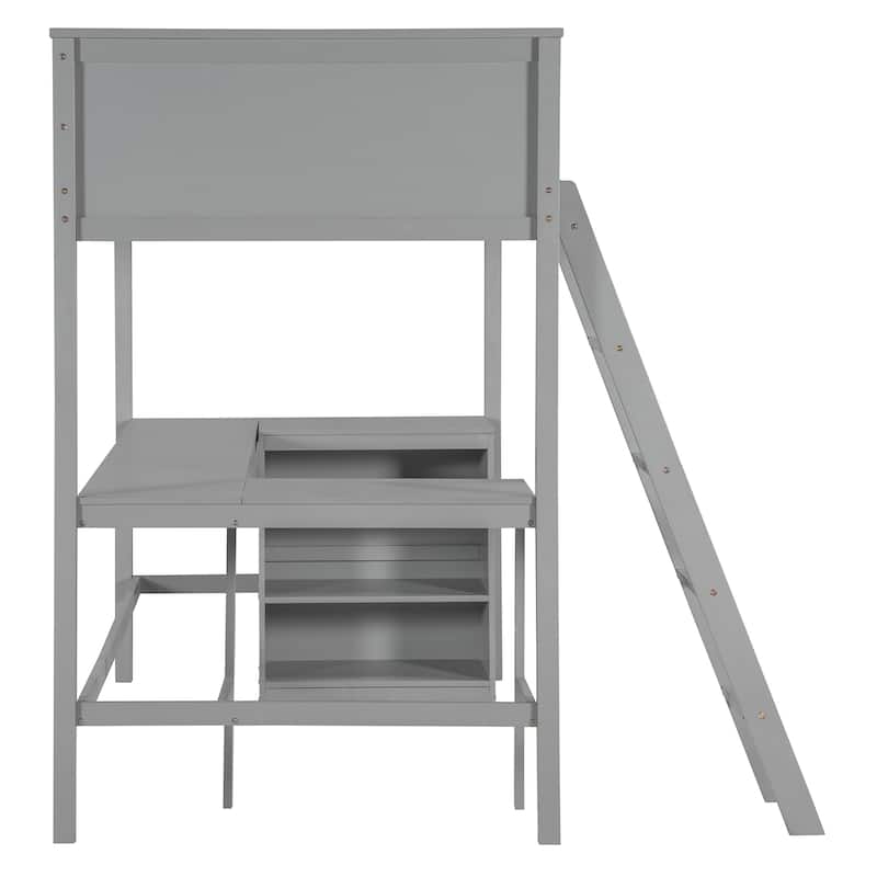 Twin Size Loft Bed with Shelves and Built-in Desk, Wooden Loft Bed with Ladder and Safety Guardrail for Student Boys Girls